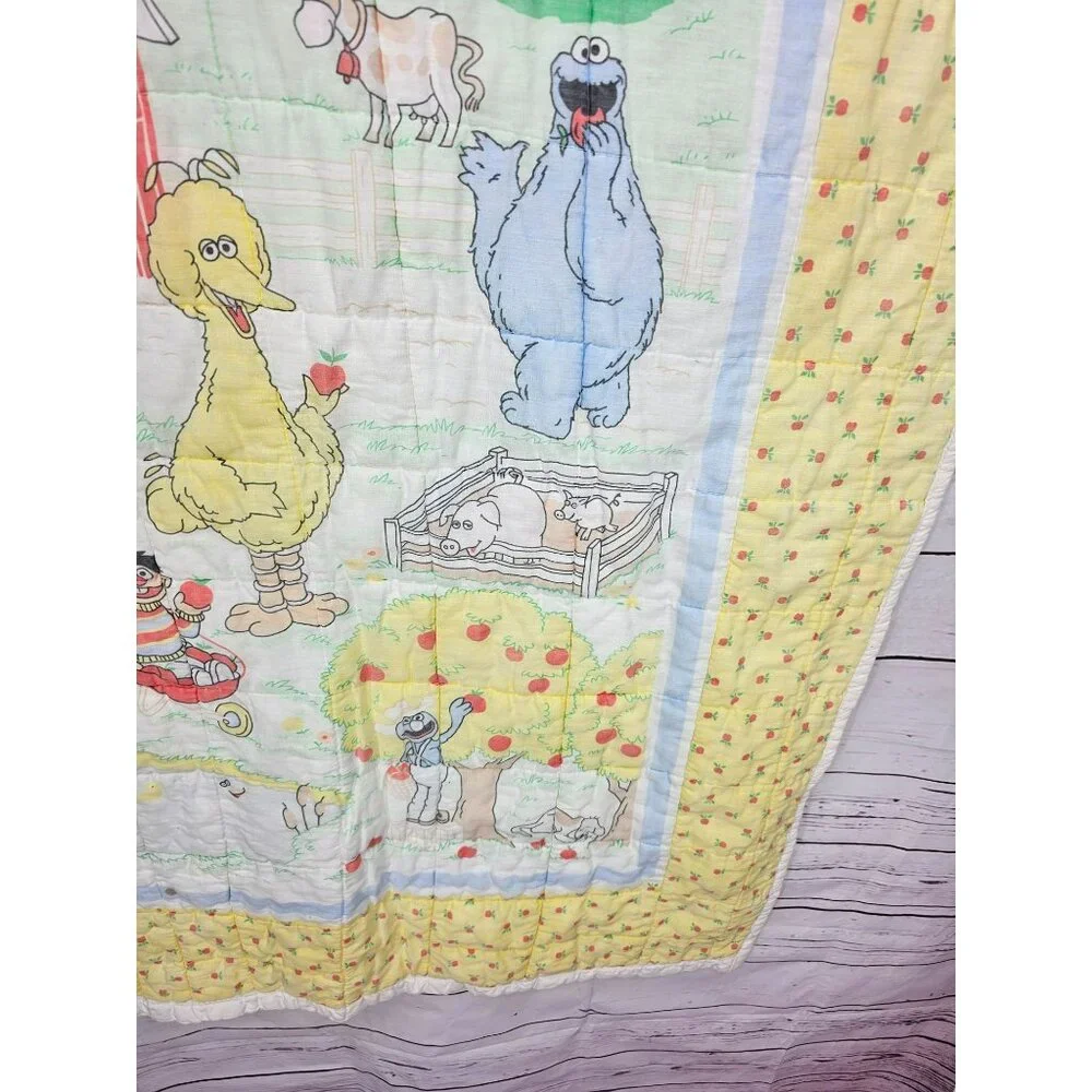 Vintage Sesame Street Baby Quilt 42x32 Handmade Farm Theme Yellow Floral Backing